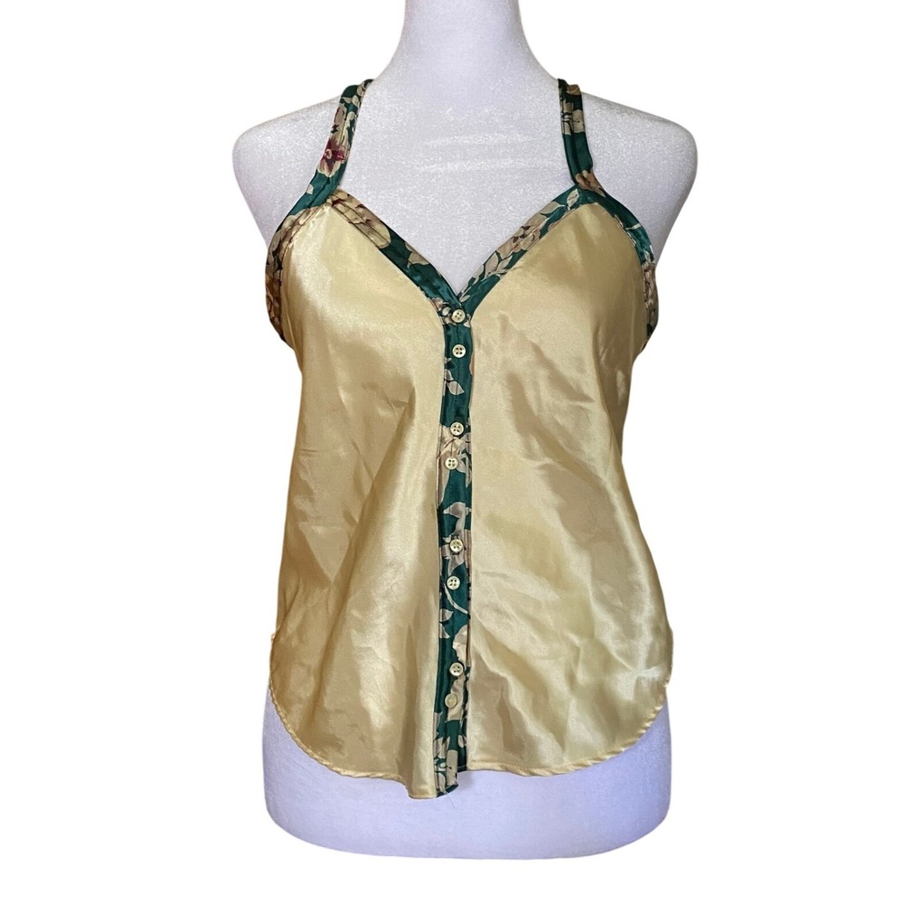 Vintage Satin Floral Trim Button Front Yellow Camisole Tank Top Small Boho Hippy